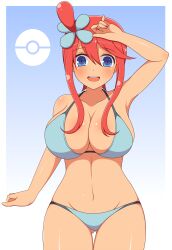 ass_visible_through_thighs bikini blue_eyes eyebrows_visible_through_hair female front_view gradient_background hair_between_eyes hair_ornament huge_breasts ichiryuu_tsumiki light-skinned_female light_skin long_hair midriff navel one_arm_up open_mouth pokeball pokemon red_hair sidelocks simple_background skyla_(pokemon) smile standing thigh_gap