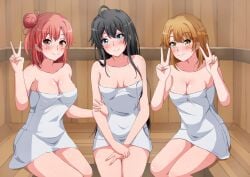 3girls alluring black_hair blonde_hair blue_eyes female female_only isshiki_iroha multiple_girls my_teen_romantic_comedy_snafu naked_towel noya2424 orange_eyes orange_hair sauna towel towel_only v yellow_eyes yuigahama_yui yukinoshita_yukino このやん