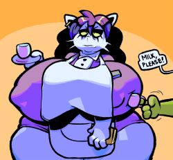 2018 anthro big_breasts black_hair breasts catti_(deltarune) clothed clothing curvy_figure deltarune dialogue digital_media_(artwork) domestic_cat duo ear_piercing english_text felid feline felis female fully_clothed fur hair hi_res holding_object huge_breasts huge_hips hyper hyper_breasts mammal nipple_outline nondelismell offscreen_character overweight overweight_female piercing raised_arm solo_focus speech_bubble standing text thick_thighs undertale_(series) voluptuous white_body white_fur wide_hips yellow_sclera