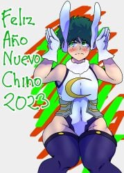 1boy blush crossdressing femboy feminine_male flat_chest frederickjdraws gloves green_eyes green_hair hero_outfit_(mha) izuku_midoriya male male_only miruko_(cosplay) my_hero_academia new_year_2023 solo thighhighs thighs wide_hips