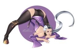 2d black_hair female female_only jack-o_pose mortal_kombat mortal_kombat_11 purple_clothing sindel smile smiling solo solo_female solo_focus thighhighs thighs thotlerrr treartz white_hair