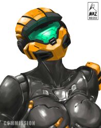 2d armor armour breast_grab breast_squeeze commission halo_(series) helmet nazreizo_(artist) oc shaded skin_tight spartan_(halo) techsuit tilted_head visor