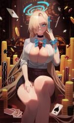 1girls 2022 :d asuna_(blue_archive) big_breasts black_choker black_skirt blonde_hair blue_archive blue_bow blue_bowtie blue_eyes blue_ribbon blue_wrist_cuffs bow bowtie breast_squeeze breast_squish breasts breasts_together busty cards choker cleavage clothed curvaceous curves curvy curvy_body curvy_female curvy_figure curvy_hips eyebrows eyelashes female female_focus female_only gold_coins hair_ornament hair_over_one_eye hair_ribbon halo hand_on_thigh hi_res highres hips hourglass_figure huge_breasts large_breasts light-skinned_female light_skin long_hair looking_at_viewer mole mole_on_breast poker_cards poker_chip_inbetween_breasts poker_chips saku_ram see-through_clothing short_skirt sitting sitting_on_table skimpy skimpy_clothes skindentation sleeves_rolled_up smile solo solo_female solo_focus teeth teeth_showing very_long_hair voluptuous white_clothing white_shirt wide_hips wrist_cuffs