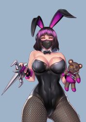 2d big_breasts big_thighs black_hair bowtie breasts bunny_ears bunnysuit female female_focus female_only fishnet fishnets mask masked_female mileena mortal_kombat mortal_kombat_x solo solo_female solo_focus tarkatan teddy_bear thighs thotlerrr treartz weapon yellow_eyes