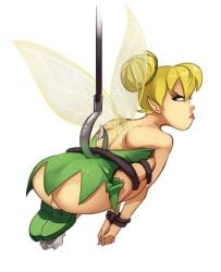 angry ass blonde_hair blue_eyes bondage disney disney_fairies dress female female_only long_hair looking_back no_panties partially_clothed peter_pan peter_pan_(disney) pointy_ears polyle pussy pussy_juice tied tinker_bell upskirt white_background wings