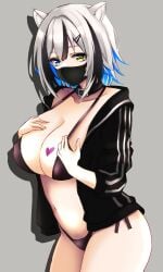 1girls animal_ears big_breasts blue_eye bra collar face_mask female female_only genkaizakura grey_background hairclips hashagu_production heart_tattoo heterochromia jacket light-skinned_female light_skin looking_at_viewer mask panties simple_background solo tattoo tiger_ears unzipped_jacket virtual_youtuber white_tiger_girl yellow_eye yukine_kohaku