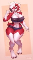 anthro anthro_only big_breasts big_thighs busty canid canine chest_fur complextree digitigrade erect_nipples fangs female female_only fur furry furry_only generation_7_pokemon lycanroc mammal midnight_lycanroc minishorts nipple_outline pierced_nipples pokémon_(species) pokemon pokemon_(species) short_tail shorts solo solo_female wide_hips