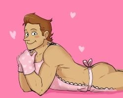 1boy 2023 apron apron_only arms ass ass_out biceps black_eyes blush blushing brett_hand brown_hair digital_art digital_drawing_(artwork) digital_media_(artwork) gay gloves hands_together heart hearts inside_job laying_on_floor looking_at_viewer lying_on_stomach male male_focus male_only muscular muscular_male pink_background shaded smile smiling smiling_at_viewer solo solo_focus solo_male thighs valentine's_day watom_wato