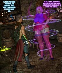 comic comic_page madam_mim magic magical_girl male pale_skin penis penis_out purple_hair short_hair short_skirt shorter_male stockings therealjl thick_thighs transformation witch younger_male