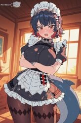 ai_assisted ai_generated big_breasts black_hair blush breasts clothed clothed_female crossed_arms curvy curvy_body curvy_female ellen_joe female female_focus female_only large_breasts looking_at_viewer maid moonwool_branch open_mouth orange_eyes pantyhose pink_eyes sharp_teeth short_hair solo solo_female solo_focus standing thick_ass thick_thighs thighs tsundere uncensored zenless_zone_zero