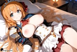 1girl ahoge ai_generated bangs blue_eyes blush braid breasts closed_mouth gloves hair_ribbon large_breasts long_hair nipples orange_hair pecorine pecorine_(princess_connect!) pillow princess_connect! ribbon skirt smile sunori tiara
