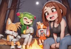 4kids_entertainment ai_generated boku_no_hero_academia buldge_through_clothing campfire camping casual casual_clothes casual_erection casual_exposure casual_nudity cream_the_rabbit futanari hanging_out marshmellow miles_prower miles_tails_prower multiple_females my_hero_academia ochaco_uraraka ochako_uraraka sonic_(series) sonic_the_hedgehog_(series) sonic_x tails_the_fox uraraka_ochaco uraraka_ochako