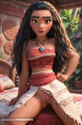 1girls ai_generated artist_name ass_visible_through_thighs bandeau bare_shoulders black_hair blurry blurry_background breasts brown_eyes dark-skinned_female dark_skin disney disney_princess female_human forehead hand_on_own_hip hi_res indoors jewelry lips long_hair looking_at_viewer moana moana_2 moana_waialiki necklace no_panties nose pillow progenarts pussy sitting skirt solo strapless thick_eyebrows tube_top uncensored web_address white_skirt