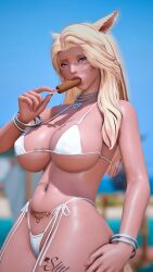 3d 3d_(artwork) 3d_model :>= ace_of_spades alternate_version_available before_and_after big_breasts blonde_hair blue_eyes cat_ears cat_tail final_fantasy final_fantasy_xiv imminent_sex kym_(character) kymestra light-skinned_female light_skin looking_at_viewer lustful_gaze miqo'te monster_girl outdoors popsicle snowbunny spade_tattoo swimsuit tattoos warrior_of_light_(ff14)
