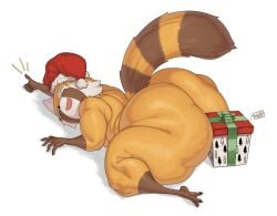 aggressive_retsuko aggretsuko anthro ass christmas fang female huge_ass kryadrawgin red_panda retsuko sanrio spiral_eyes thick_thighs thumbs_up wide_hips