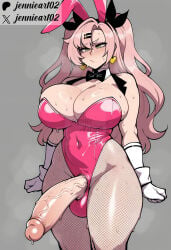 1girl ai_generated animal_ears bare_shoulders black_bow black_bowtie black_ribbon blush bow bowtie breasts bunnysuit cleavage closed_mouth clothing covered_navel cowboy_shot detached_collar earrings erection fake_animal_ears female fishnet_pantyhose fishnets futanari gloves green_eyes grey_background hair_ornament hair_ribbon hairclip heart_earrings highleg highleg_leotard huge_breasts huge_penis huge_testicles intersex jennieart02 jewelry large_breasts large_penis legwear leotard long_hair mole mole_under_eye navel nicole_demara pantyhose patreon patreon_logo patreon_username penis pink_hair pink_leotard playboy_bunny rabbit_ears ribbon simple_background solo standing strapless strapless_leotard sweat testicles thick_thighs thighs traditional_bowtie twitter twitter_username two_side_up veins veiny_penis watermark white_gloves