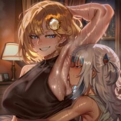 2026 2d 2girls absurd_res absurd_resolution absurdres ai_generated arm_behind_head arm_up armpits bare_shoulders blonde_hair blue_eyes blue_hair blush breasts gawr_gura grey_hair grin hair_ornament hi_res high_quality high_resolution highres hololive hololive_english hug image indoors lamp large_breasts licking licking_armpit medium_hair multicolored_hair multiple_girls night patreon patreon_username presenting_armpit shark_hair_ornament shirt short_hair sleeveless sleeveless_shirt smile streaked_hair sweat teeth tongue tongue_out two_side_up uncensured virtual_youtuber watermark watson_amelia wet window yuri zeyayelan