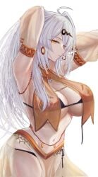 1girls belly_dancer_outfit big_breasts black_lingerie breasts breasts_out dancer_outfit female large_breasts lingerie long_hair penguintake see-through_clothing white_hair yellow_eyes yixuan_(zenless_zone_zero) zenless_zone_zero