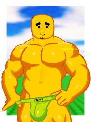 1boy bara buff buff_male cell_shading forsaken forsaken_(roblox) gay goatee jockstrap jockstrap_only muscles noob noob_(forsaken) noob_(roblox) pecs roblox roblox_game robloxian shikiyooku simple_background solo solo_male yellow_body yellow_skin