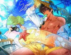 2boys ? beach being_watched black_hair blue_eyes blush camera detailed_background gay gintama gintoki_sakata hijikata_toshiro innertube inverted_nipples male male_only open_shirt outdoors pervert popsicle recording solo_focus spying sun_hat sweat swimming_trunks swimwear tan-skinned_male tan_skin toned toned_male voyeur yaoi