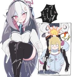 2girls anger_vein araara_do ass_visible_through_thighs black_headband black_thighhighs blonde_hair blue_archive blue_necktie blunt_bangs blush bottomless bow cleft_of_venus collared_shirt commentary_request covering_crotch covering_privates hair_between_eyes hair_bow halo headband highres holding holding_panties holding_underwear holding_unworn_clothes jacket kei_(blue_archive) kei_(student)_(blue_archive) legs_together long_hair long_hair_between_eyes long_sleeves medium_hair momoi_(armed)_(blue_archive) momoi_(blue_archive) multi-source_commentary multiple_girls necktie open_clothes open_jacket pain panties pussy red_eyes red_halo ringed_eyes saliva shirt sidelocks simple_background skirt striped_clothes striped_panties teardrop thighhighs translation_request turn_pale twitching underwear unworn_panties unworn_skirt v-shaped_eyebrows white_background white_hair wide_oval_eyes
