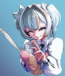1boy 1girl absurdres blue_background blue_hair bow collared_shrug cum grin hair_between_eyes hair_bow hair_intakes handjob highres indie_virtual_youtuber looking_at_viewer orgasm penis sedua_weynn short_hair shrug_(clothing) smile smug twintails virtual_youtuber white_bow white_shrug yuy_(vtuber)
