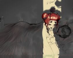 1boy 1girl absurdres antennae arthropod_girl beastiez bed beribug black_hair black_tongue blanket caught colored_skin condom crack_of_light double_bun femdom gaspar_(grimmivt) grey_skin hair_bun highres indie_virtual_youtuber ladybug_girl lipstick_mark monster_girl multicolored_hair partially_colored red_eyes red_hair saliva saliva_trail sedua_weynn shadow short_eyebrows short_hair skelter_(grimmivt) virtual_youtuber yellow_eyes