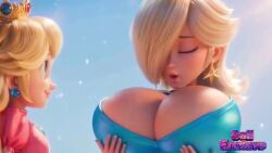 2girls ai_generated big_breasts blonde_female blue_eyes breast_expansion crown enjoying female female_only hair_covering_eye light_skinned_female massive_breasts massive_tits princess_peach princess_peach_(movie) princess_rosalina princess_rosalina_(movie) rosalina star_rod super_mario_galaxy_(2026_film) tagme video yallahs80