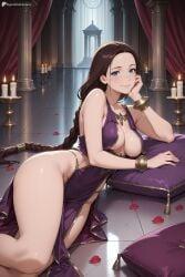 1girl ai_generated aphrodite_(god_of_war) artist_name bare_shoulders blue_eyes blush bracelet braid braided_ponytail breasts brown_hair candle cleavage closed_mouth digitalwaifugallery dress forehead hi_res high_quality high_resolution indoors jewelry large_breasts long_hair looking_at_viewer lying necklace on_side patreon pelvic_curtain petals pillow purple_dress revealing_clothes seductive sexy smile solo thighs uncensored watermark