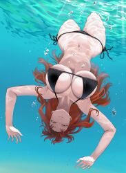 1girls absurd_res armpits bikini black_bikini breasts carlx945380 chainsaw_man hi_res huge_breasts long_hair makima_(chainsaw_man) navel red_hair ringed_eyes solo swimsuit underwater upside-down yellow_eyes