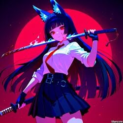 (titancore) adult ai_generated black_hair blood bloodmoon cute_girl female fox_ears fox_girl fox_humanoid girl hime_cut holding_object hoshimi_miyabi katana long_hair red_eyes school_uniform schoolgirl swordmaster thiren video_game_character zenless_zone_zero