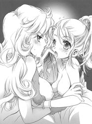 age_difference ayla blonde_hair breasts chrono_trigger double_paizuri large_breasts licking licking_penis marle nipples paizuri penis_lick penis_licking titfuck titjob wide_eyed