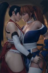 2girls 3d auburn_hair black_hair bodies_pressed_together bow bowtie breasts breasts_squeezed_together choker clothed_female clothing dead_or_alive hand_on_neck kasumi_(doa) kunoichi lesbian lesbian_focus looking_at_another looking_at_partner momiji_(ninja_gaiden) multiple_girls ninja ninja_gaiden panties ponytail rope seductive seductive_look shoulders sword thighhighs thighs underwear undressing yuri zandrinya