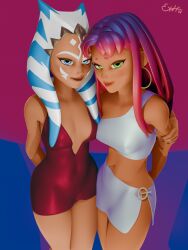 2girls 3d 3d_(artwork) ahsoka_tano ass bisexual_pride_colors breasts dc dc_comics dress eatyourdessertfirst female flirting flirting_with_viewer girls_only hugging hugging_another lesbian looking_at_viewer skimpy skimpy_clothes small_breasts star_wars starfire teen_titans teen_titans_go tight_clothing
