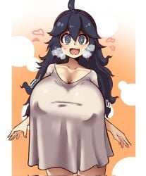 1girl ahoge black_hair blue_eyes breasts cleavage fang grey_shirt hairband heart hex_maniac_(pokemon) hex_maniac_(pokemon_xy) huge_breasts long_hair messy_hair naked_shirt nintendo open_mouth orange_background pajamas_challenge_(meme) pokemon pokemon_x_and_y purple_hair purple_hairband shirt shirt_overhang skin_fang smile solo standing t-shirt