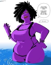 anthro belly big_belly big_breasts black_hair bracelet braided_hair breasts clothing deltarune dialogue electronics female hair hips kronodume overweight overweight_anthro overweight_female phone purple_body reptile scalie simple_background smile solo speech_bubble susie_(deltarune) swimsuit swimwear thick_thighs thighs undertale_(series) water wide_hips