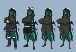 baggy_socks black_and_green_hair buckteeth character_sheet cosplay dark-skinned_female dark-skinned_futa dark_skin darkeros darkeros13 demon_horns demon_tail demon_wings devil_tail dress dressed female, futanari glasses green_lipstick horns huge_breasts nipples piercing pink_eyes reference_sheet shorts striped_armwear succubus tail tanktop testicles two_tone_hair vagina