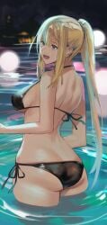 1girl ass bikini black_bikini blonde_hair blue_eyes blurry blurry_background breasts butt_crack from_behind hair_between_eyes halterneck large_breasts long_hair open_mouth ponytail side-tie_bikini_bottom sideboob smile solo string_bikini swimsuit wading