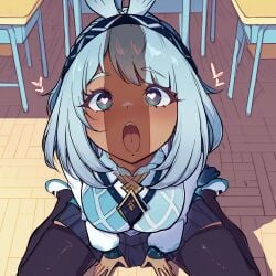 :o ai_generated big_penis genshin_impact heart heart-shaped_pupils huge_cock imminent_fellatio imminent_oral mualani_(genshin_impact) offscreen_male school_uniform schoolgirl shocked tagme