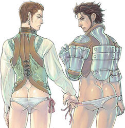 2boys armor armored_gloves ass back_view balthier beard big_ass big_butt black_hair brown_hair bubble_ass bubble_butt ear_ring earring earrings facial_hair final_fantasy final_fantasy_xii gay human human_only male male_focus male_only multiple_boys panties removing_panties removing_underwear standing sweatdrop topwear underwear undressing vossler white_background white_panties white_underwear