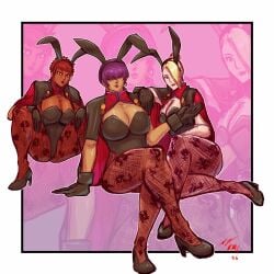 3girls big_breasts blonde_hair blue_eyes bodysuit brown_eyes brown_hair bunny bunny_ears bunny_girl bunnysuit curvy curvy_female dark-skinned_female dark_skin gloves huge_breasts king_of_fighters large_breasts latex leather light-skinned_female light_skin long_hair looking_at_viewer mature_(kof) orochi_shermie pale-skinned_female pale_skin pantyhose purple_hair see-through see-through_clothes shermie_(kof) short_hair sitting socks squatting tan tan-skinned_female tan_skin taurencebell thick thick_thighs vice_(kof) voluptuous