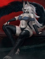 1girls 2026 4_toes anthro black_nails black_thighhighs canid canine clothing detailed_background eyelashes female female_only fingerless_gloves fur furry furry_tail furythelisso hellhound helluva_boss hi_res long_hair long_tail looking_at_viewer loona_(helluva_boss) narrowed_eyes red_sclera sharp_fingernails sharp_toenails sitting slit_pupils solo spiked_collar tail thick_thighs thighhighs toeless_legwear white_eyes white_fur white_hair