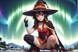 1girls ai_generated artist_name aurora bandaged_leg bandages belt black_gloves black_hair black_thighhighs blush boots breasts brown_footwear cape closed_mouth collar collarbone dress female_human fingerless_gloves gloves hat hi_res kono_subarashii_sekai_ni_shukufuku_wo! looking_at_viewer megumin mountain night no_panties outdoors patreon_username progenarts pussy red_dress red_eyes short_dress short_hair short_hair_with_long_locks sidelocks single_thighhigh sky small_breasts smile solo spread_legs squatting thighhighs tongue tongue_out uncensored watermark web_address witch_hat