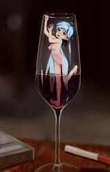 1girl absurdres arttheratpist barefoot blue_hair blurry blush breasts brown_eyes champagne_flute commentary completely_nude cup depth_of_field drinking_glass drunk english_commentary fairy fairy_wings highres medium_breasts mini_person minigirl navel nipples nude open_mouth original pussy short_hair solo wings