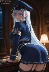 1girl 86_-eightysix- ai_generated armband artist_name ass belt bent_over black_legwear black_thighhighs blue_eyes blue_headwear blue_jacket blue_skirt blurry_background book breasts clothing cowboy_shot crop_top cropped_jacket desk female from_behind garter_straps grey_eyes grin hair_between_eyes hat headwear high-waist_skirt indoors jacket lamp large_breasts legwear long_hair long_sleeves looking_at_viewer looking_back military military_hat military_uniform miniskirt night parted_lips patreon_username peaked_cap picture_frame pleated_skirt police police_hat police_uniform shirt sidelocks skindentation skirt smile solo standing thighhighs thighs underbutt uniform vantawaifu very_long_hair vladilena_millize white_belt white_hair white_thighhighs window zettai_ryouiki