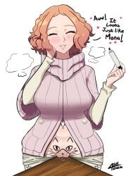 1girls 2d ashentrickster atlus big_breasts blush_lines brown_hair dialogue do_you_want_to_pet_my_cat_(meme) english english_dialogue english_text exposed exposed_pussy eyelashes eyes_closed female haru_okumura human human_female light-skinned_female light_skin looking_at_viewer marker meme navel okumura_haru pants_down persona persona_5 pubic_hair purple_sweater pussy pussy-cat_(meme) pussy_juice pussy_juice_drip pussy_out sega short_hair short_hair_female smile tan_skin text thick_thighs tricksterash wavy_hair white_background white_pants wide_hips