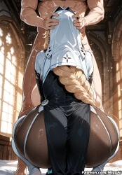 1boy 1girl ai_assisted ai_generated ass blonde_hair braid breasts curvaceous curvy curvy_female curvy_figure female goddess_of_victory:_nikke head_out_of_frame hetero indoors long_hair miyuai muscle nikke nipples rapunzel_(nikke) sitting sleeveless sleeveless_shirt squatting sweat thick thick_ass thick_butt thick_hips thick_legs thick_thighs thighhighs thighs voluptuous voluptuous_female white_shirt wide_hips wide_thighs