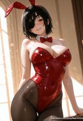 1girl ai_generated animal_ears bare_shoulders black_eyes black_hair black_pantyhose blush bow bowtie breasts chainsaw_man cleavage covered_navel cowboy_shot detached_collar eyepatch fake_animal_ears highleg highleg_leotard himeno_(chainsaw_man) indoors kermixx large_breasts leotard looking_at_viewer pantyhose parted_lips playboy_bunny rabbit_ears red_bow red_bowtie red_leotard shiny shiny_clothes short_hair smile solo strapless strapless_leotard sweat thigh_gap
