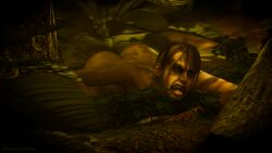 3d angry_face brown_hair completely_nude completely_nude_female crawling eyeshadow jungle metal_gear_solid metal_gear_solid_v prone quiet_(metal_gear) throwingblue