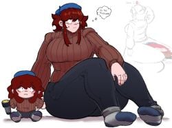 1girls 2020s 2026 2026s auburn_hair background_character bbw chubby chubby_female digital_drawing_(artwork) digital_media_(artwork) friday_night_funkin friday_night_funkin_mod funny girlfriend_(friday_night_funkin) huge_breasts huge_thighs korean_nooby_(artist) massacre_girlfriend_(friday_night_funkin) millie_(mistful_crimson_morning) mistful_crimson_morning nervous nervous_expression nervous_sweat oc original sitting thick_thighs thought_bubble tight_clothing wide_hips